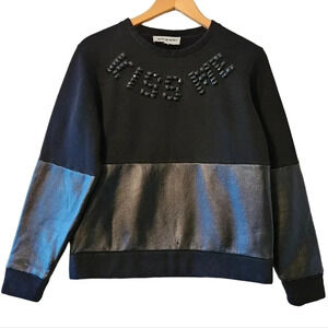 American Retro Kiss  Me Crewneck Oversized Faux Leather Casual Sweater Black.